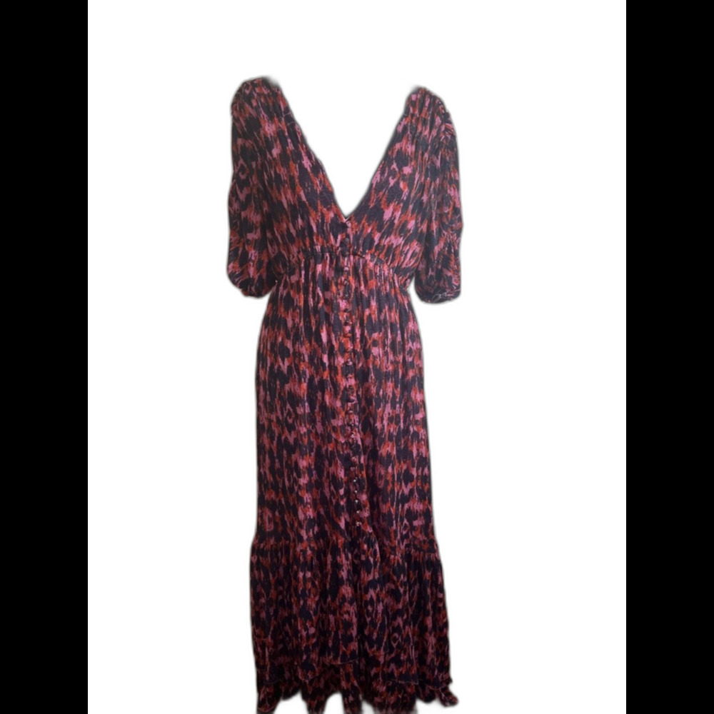 Anthropologie Printed Ruched Sleeve Mesh Tiered Pink Black Maxi Dress Medium